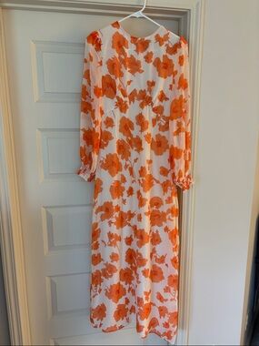 White Maxi Dress with Orange Floral Print - Long Sleeve Women’s Maxi